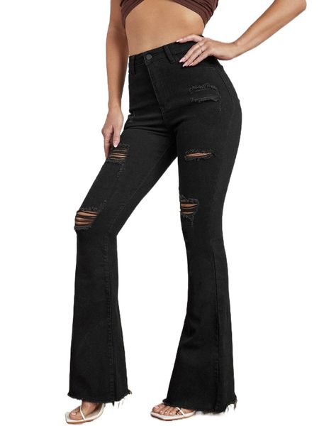 

high waist ripped raw hem flare leg jeans 8459#, Blue