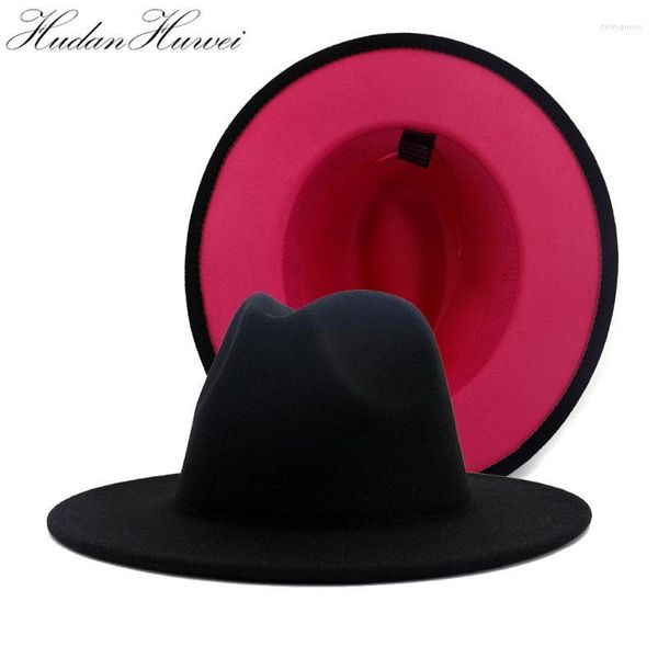 Rose Rose Red Patchwork Black Hat Brim Lã Felta Fedora Oversized Primavera Verão Summer Chapéus de inverno de outono para mulheres elegantes delm22