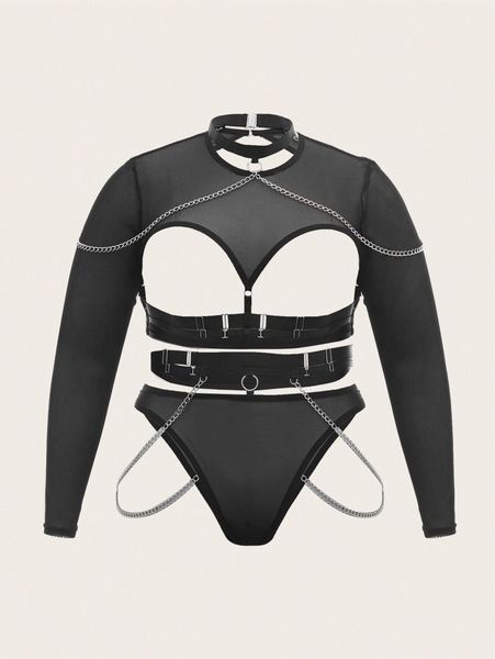 

plus 4pack ring linked chain detail mesh lingerie set d05h#, Black;white