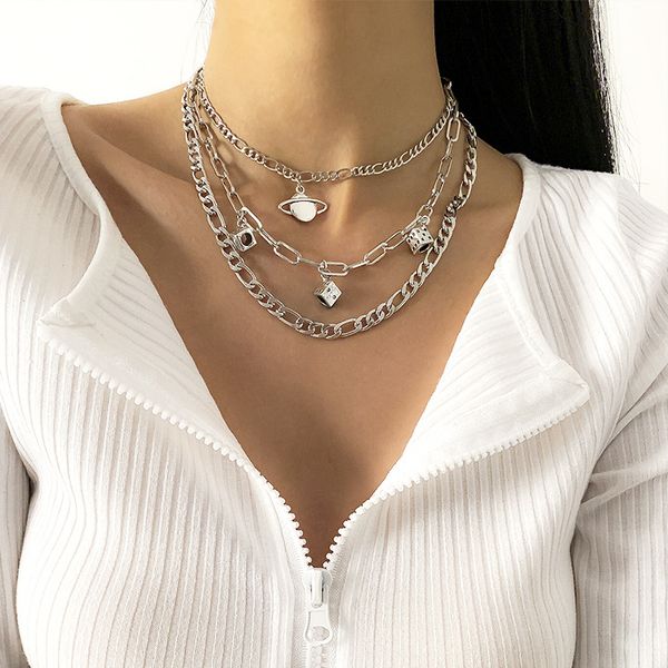 

geometric simple choker cross chain necklace creative planet dice tassel set necklace women, Golden;silver