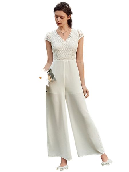 

contrast lace cut out tie back wide leg jumpsuit i3cq#, Black;white