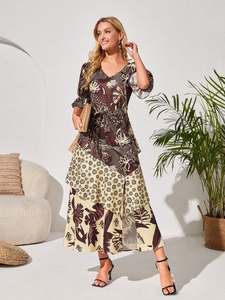 

tropical print slit thigh puff sleeve belted dress l88p#, Black;gray