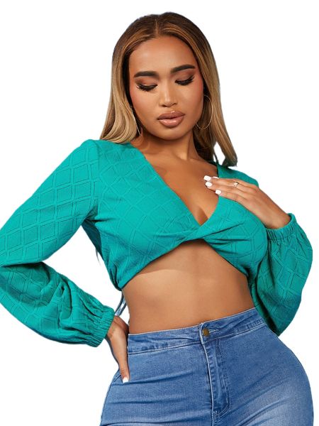 

sxy argyle pattern lantern sleeve twist front crop z6hi#, White