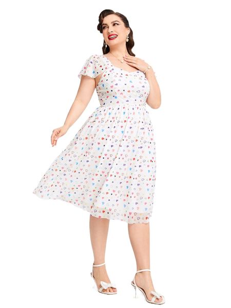 

plus all over heart print butterfly sleeve dress x30k#, Black