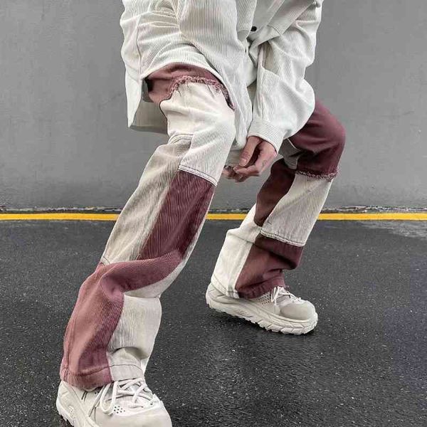 

high street design sense niche splicing contrast horn jeans men's fashion brand versatile punk work clothes floor mops, Blue