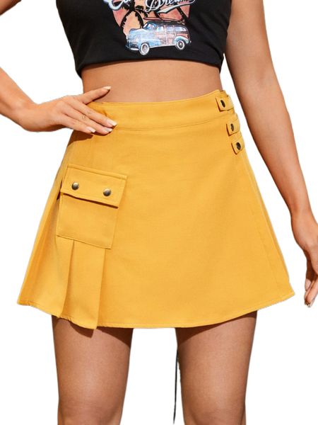 

flap pocket pleated skirt a4ot#, Black