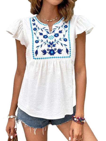

floral embroidery notched neckline butterfly sleeve blouse w3mf#, White