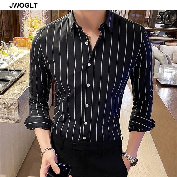 

korea style handsome fashion mens shirts button down slim fit long sleeve striped asain size 220324, White;black