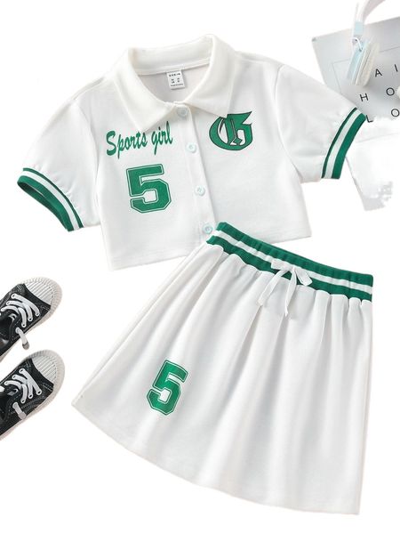 

girls letter graphic striped trim tee & skirt g1ou#, Black;white