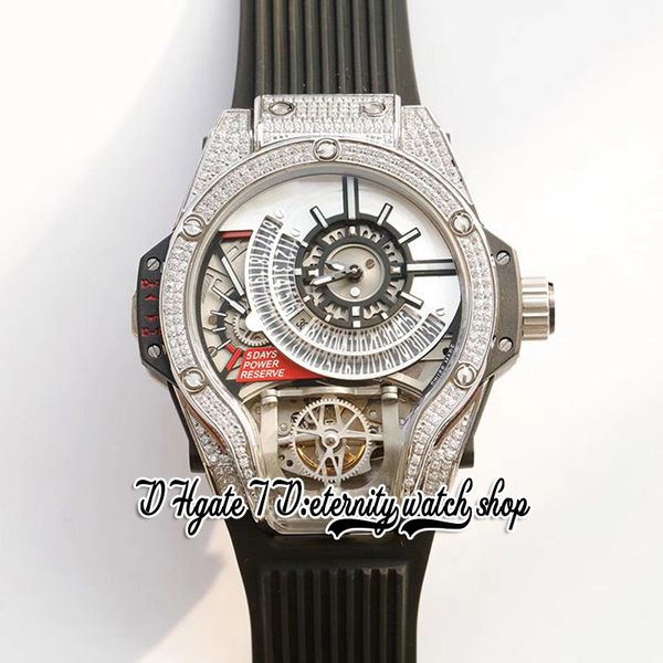 

twf azmp-09 bmp09 a21j automatic tourbillon (decorate) mens watch iced out diamonds inlay case skeleton silver dial rubber band static versi, Slivery;brown