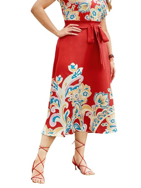 

plus high waist floral print belted skirt 53lr#, Black