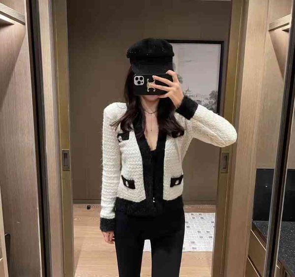 

women's hoodies sweatshirts european version xiaoxiang knitted cardigan early spring style temperament black and white contrast color v