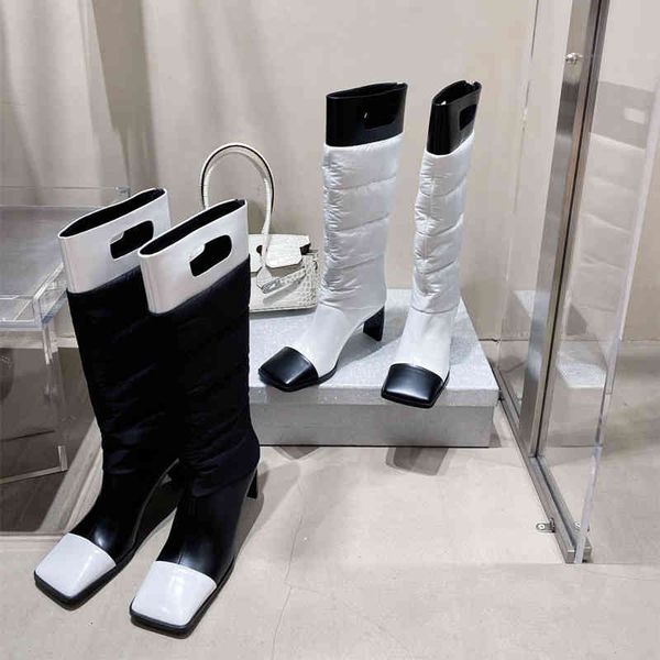 

boots guangzhou high end autumn and winter heels square head color matching down boots women's back zipper barrel knight, Black
