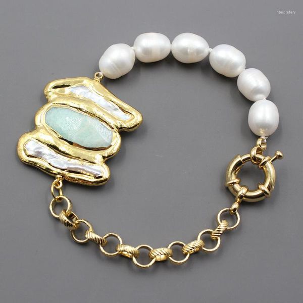 Странды с бисером Guaiguai Jewelry Natural Green Amazonites Cultable White Rice Pearl Biwa Chain Bracelet Vintage Style для Lady Inte22