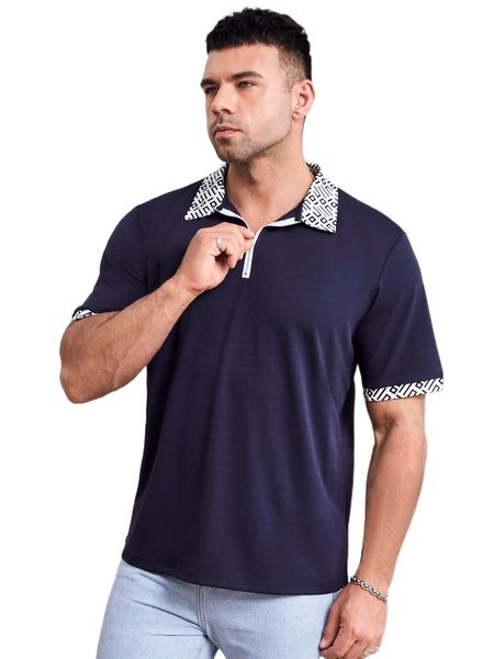

extended sizes men geo print quarter zipper polo shirt n5ij#, White;black
