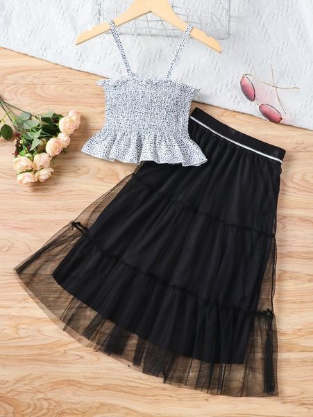 

girls' allover print pleated ruffle suspender and mesh skirt she, White