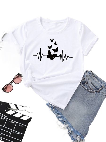 

butterfly print crew neck tee q9lo#, White