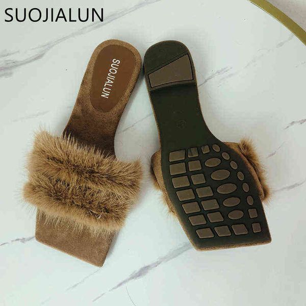 

suojialun 2020 women furry slippers plush real hair fluffy sandals comfortable soft sole winter warm fur slides 220627, Black