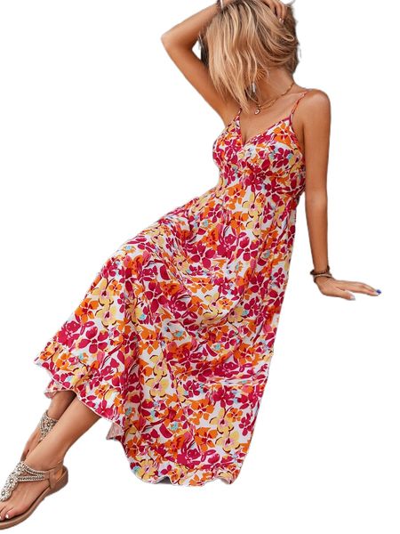 

allover floral print cami dress e22d#, Black;gray