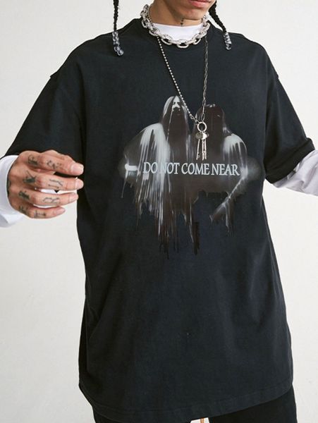 

men slogan & figure graphic drop shoulder tee 76dk#, White;black