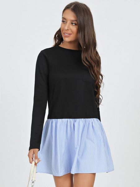 

striped paneled smock dress c83j#, Black;gray
