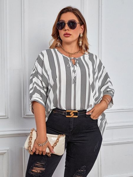 

plus striped print tie neck dolman sleeve blouse u6tw#, Black
