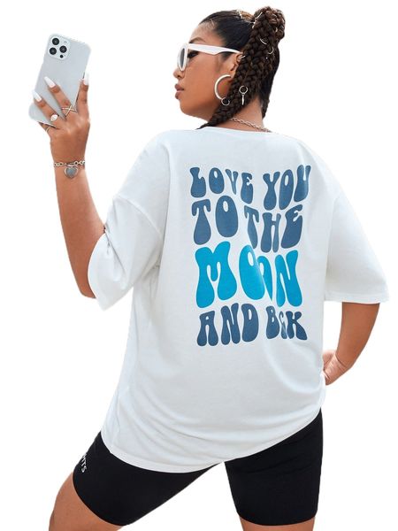 

plus slogan print drop shoulder tee 54vg#, Black