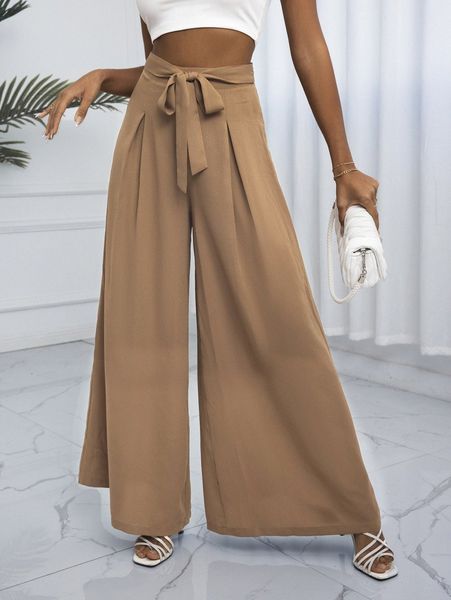 

fold pleated knot front wide leg pants x9s6#, Black;white