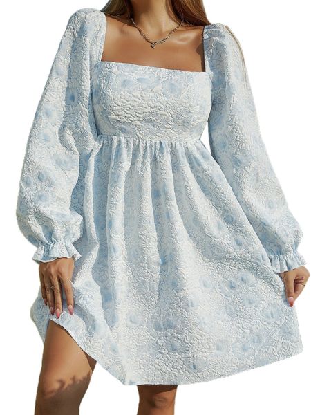 

square neck flounce sleeve a-line dress j9el#, Black;gray