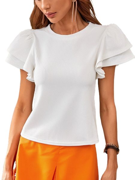 

ribbed knit butterfly sleeve tee 93b9#, White