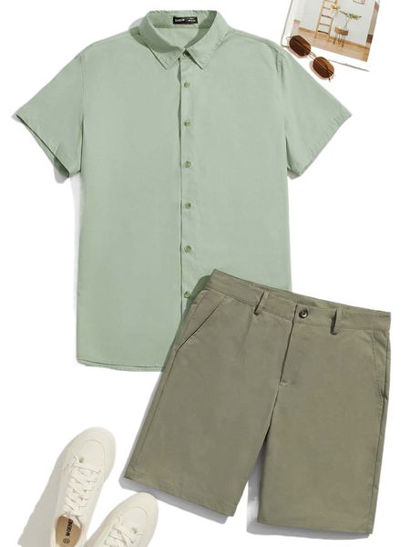 

men colorblock button front shirt & shorts n9qk#, Gray