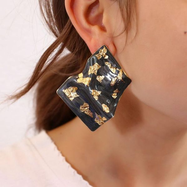 

stud lifefontier exaggerated gold foil black white enamel big earrings for women geometric irregular metal jewelry, Golden;silver