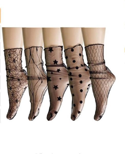 

mesh lace socks sheer tulle midle metallic glitter stars hosiery loose slouch thin decorated socks for women girls see through sweet underwe, Black;white