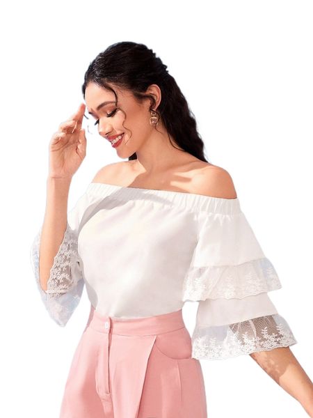 

contrast embroidery mesh flounce sleeve bardot blouse i4ks#, White