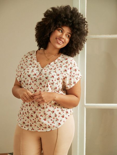 

plus ditsy floral print v-neck blouse y5vn#, Black