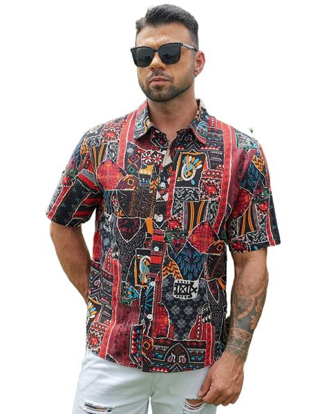 

extended sizes men geo print button front shirt y51y#, White;black