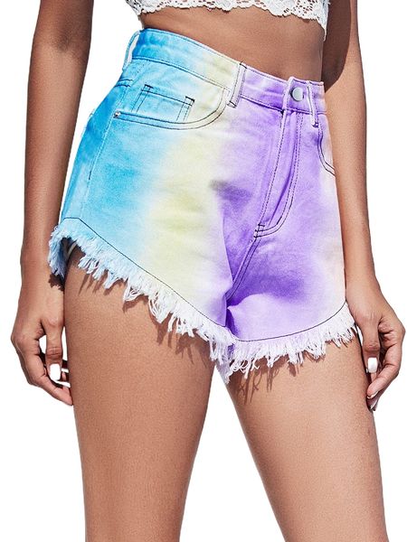 

high waist ombre print titching raw hem denim shorts u6rn#, White;black
