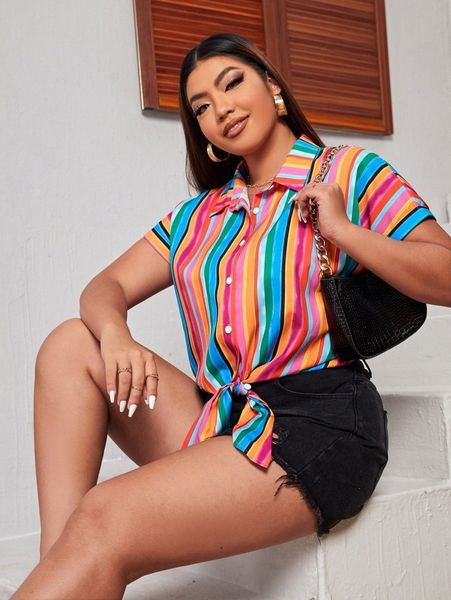 

plus striped colorblock knot hem blouse v6pw#, Black