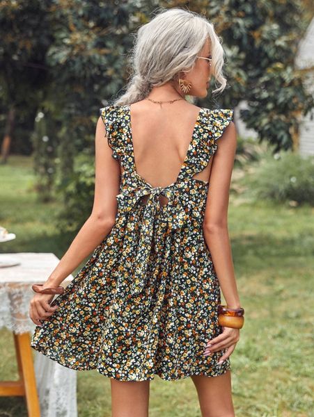 

ruffle trim tie back ditsy floral dress u15d#, Black;gray