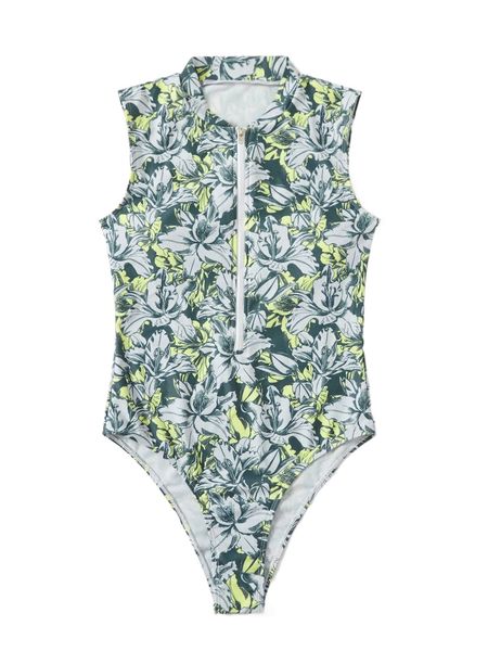 

floral print zipper front one piece swimsuit 82y9#, White;black