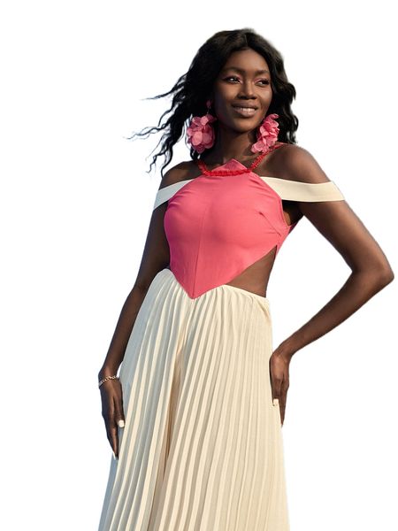 

x emileny gonzalez two tone cut out pleated wide leg jumpsuit e8ip#, Black;white