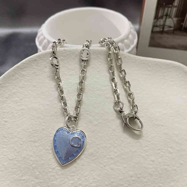 

interlocking women's necklace blue love enamel clavicle chain tanabata valentine's day webcast, Silver