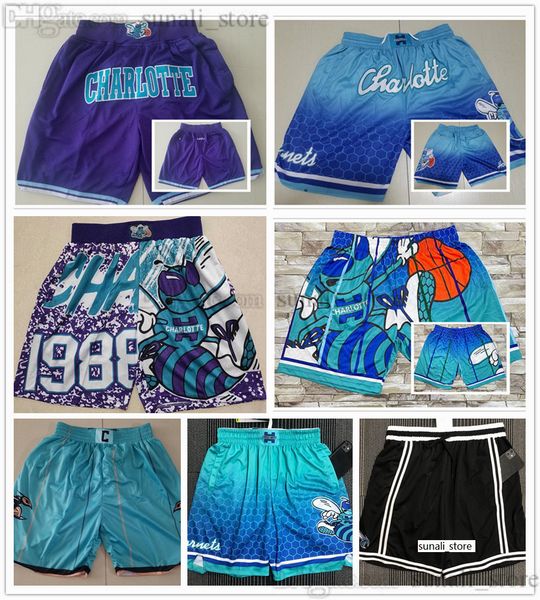 

2022 charlotte''hornets''mens retro basketball shorts with pockets zipper sweatpants game pants larry johnson alonzo mou, Black