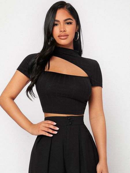 

petite cut out stand collar crop tee 41bb#, White