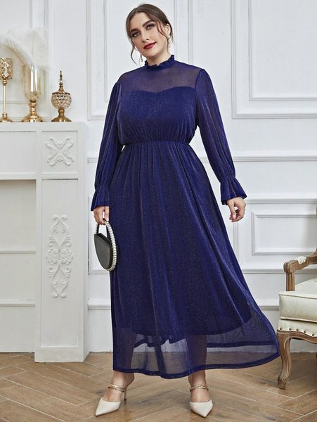 

plus flounce sleeve frilled neck glitter dress c72v#, Black