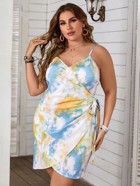 

plus tie dye wrap cami dress 69r5#, Black