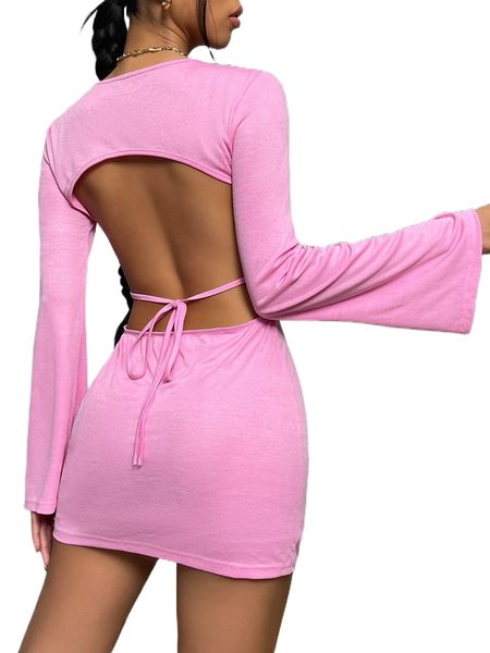 

tie backless solid bodycon dress m8kf#, Black;gray