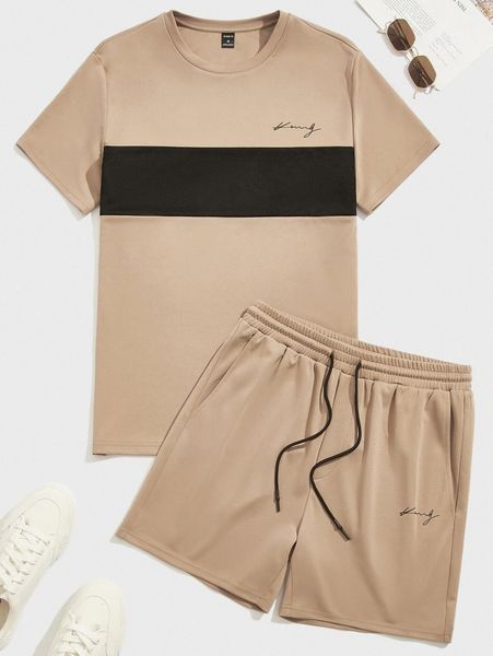 

men letter graphic two tone tee & drawstring waist shorts z456#, Gray