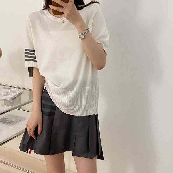 

spring summer tb tee short sleeve basic simple t-shirt women's waist closing temperament bottoming round neck thin wool sweater fashion, White