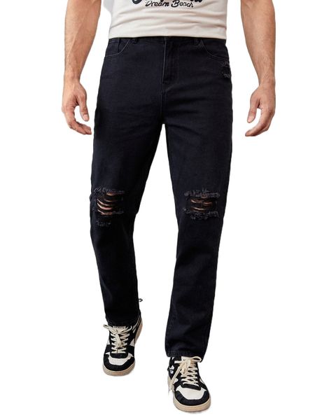 

men ripped frayed straight leg jeans c70n#, Blue